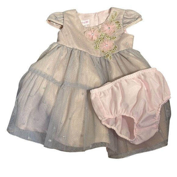 Bonnie Baby Pink & Silver Floral Embroidered Tulle Dress With Bloomers Size 18M - Picture 2 of 6